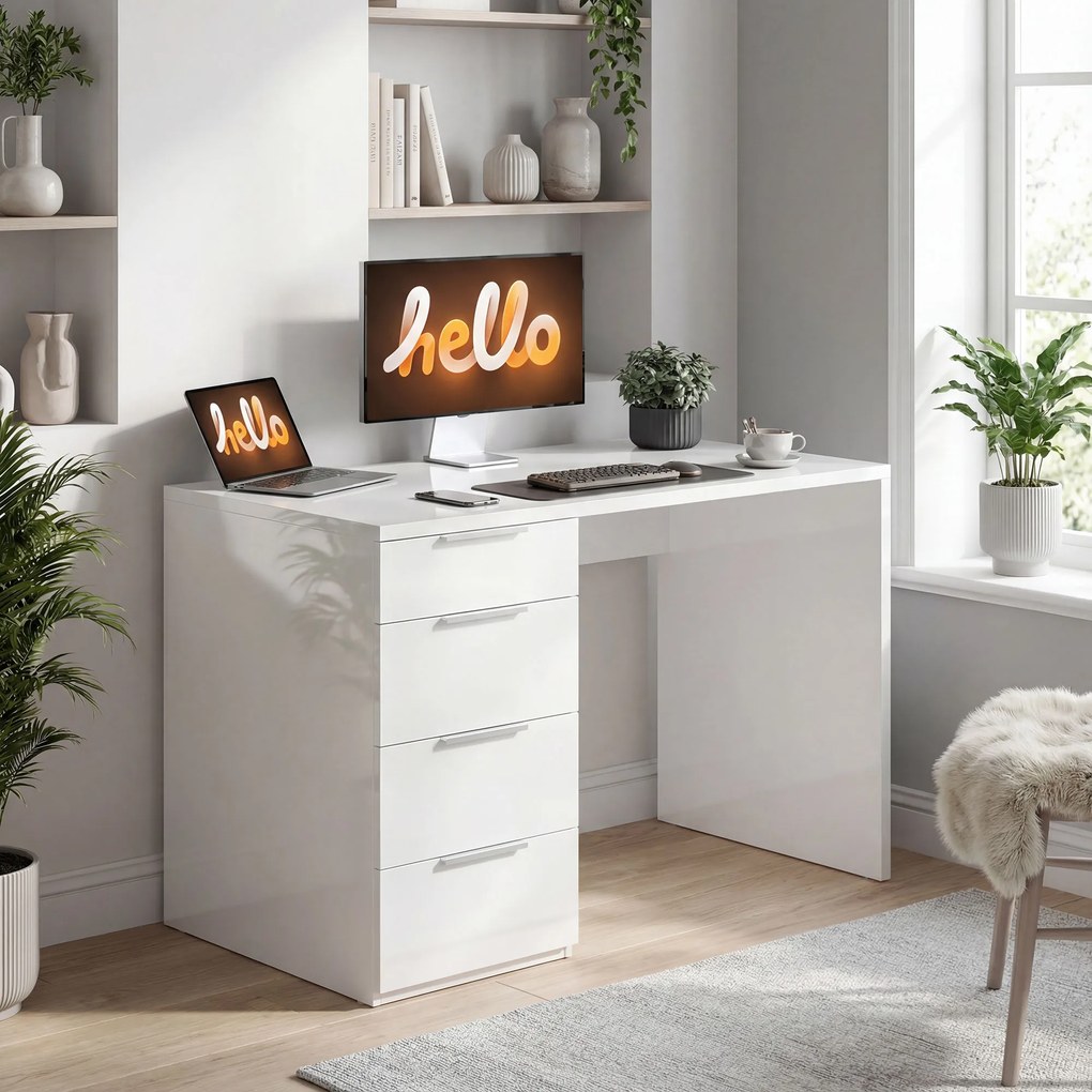 Secretária de computador de alto brilho com 4 gavetas, 110 x 60 cm, secretária com espaço de arrumação, estilo moderno, branca