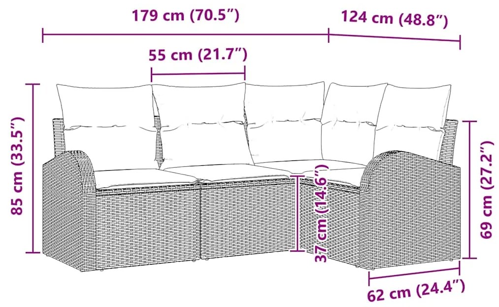 Conjunto de Sofá de Jardim de 4 Peças com Almofadas Bege em Rattan Pol