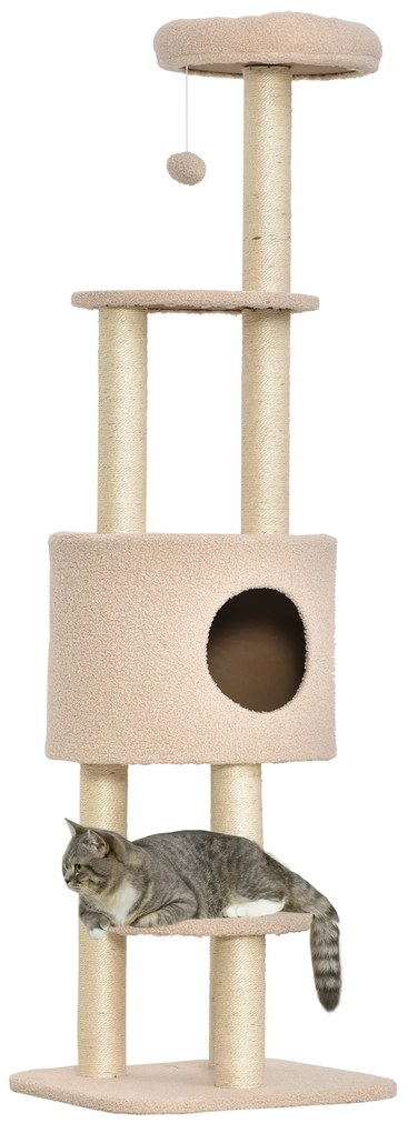 Arranhador para Gatos Altura 148 cm Arranhador para Gatos com Postes de Sisal 3 Plataformas Casa e Bola Suspensa Bege