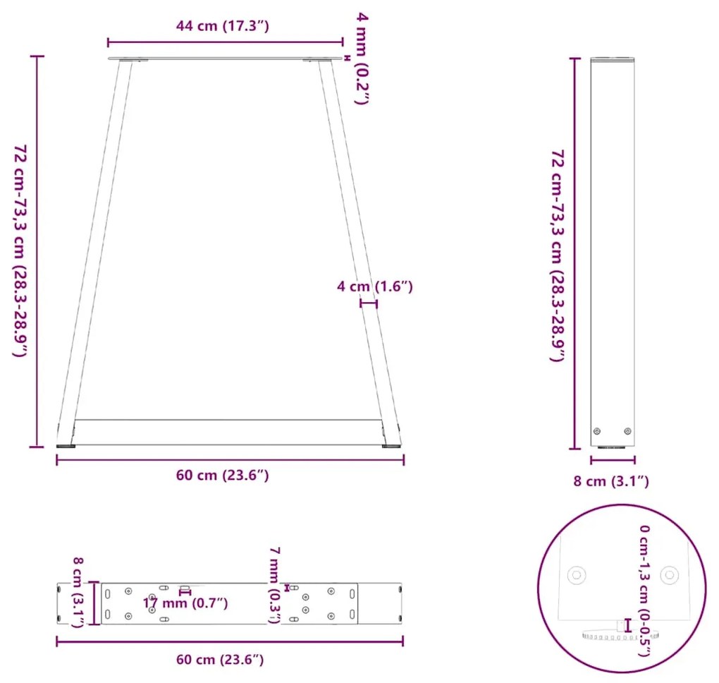 Mesa de jantar pernas 2 pcs forma V 60x(72-73,3) cm aço natural