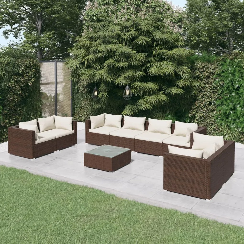 vidaXL 9 pcs conjunto lounge jardim c/ almofadões vime PE castanho