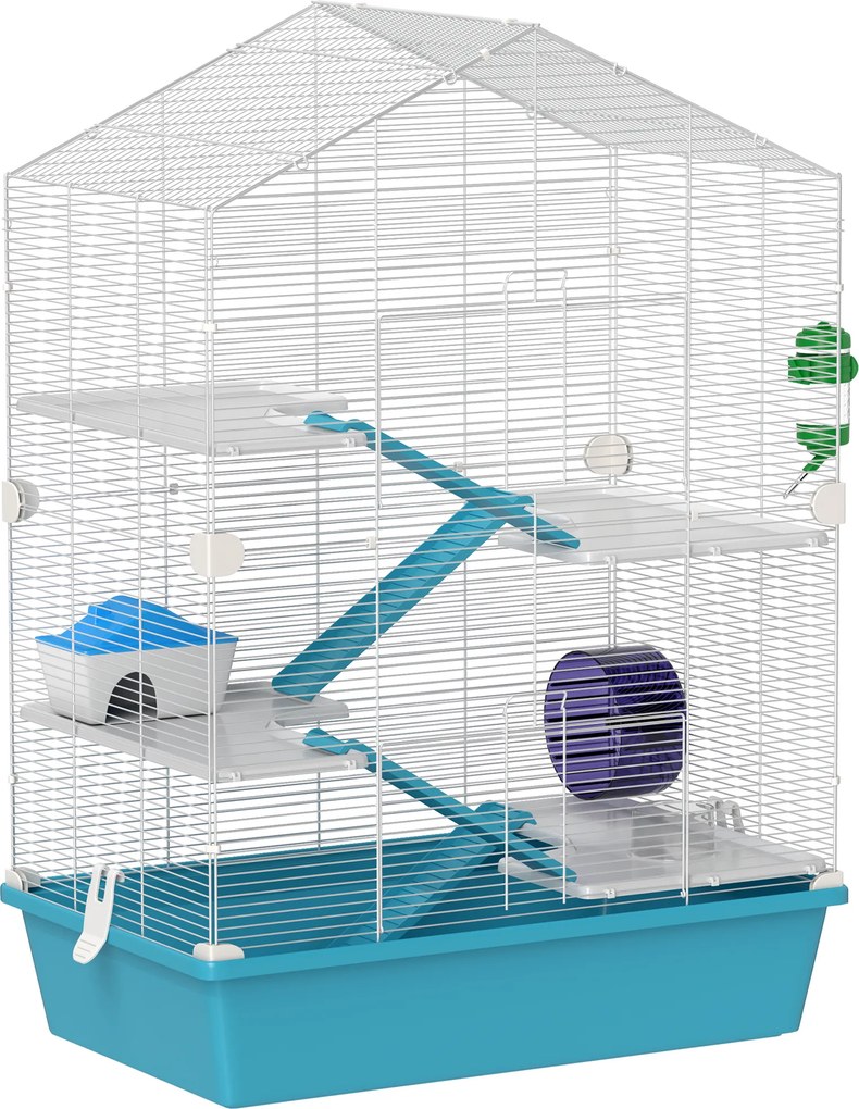 PawHut Gaiola para Hamster de 5 Níveis com Plataformas Comedouro Bebedouro Casa Rampa e Rodas de Exercícios 58x36x81 cm Azul Claro | Aosom Portugal