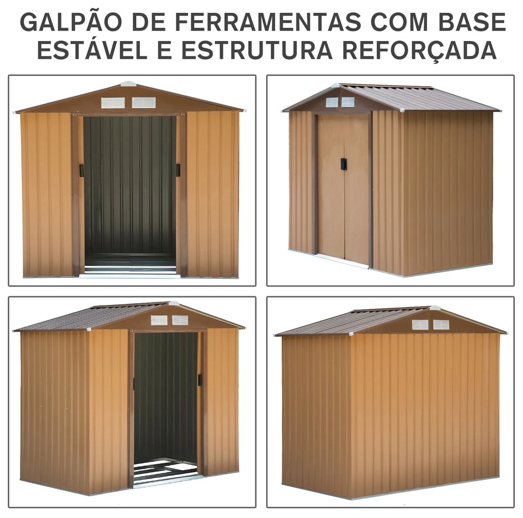 Abrigo de jardim de aço com porta deslizante e ventilação para armazenamento de ferramentas 213x127x185 cm marrom