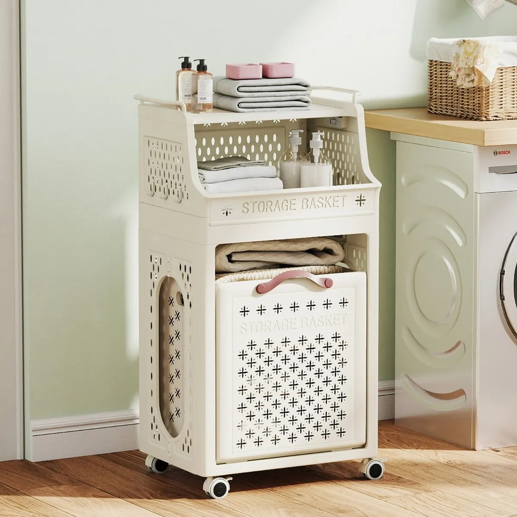 Cesto de roupa suja 44 x 29,5 x 78 cm com rodas dobrável com várias camadas, estante superior, recipiente e ganchos organizadores bege