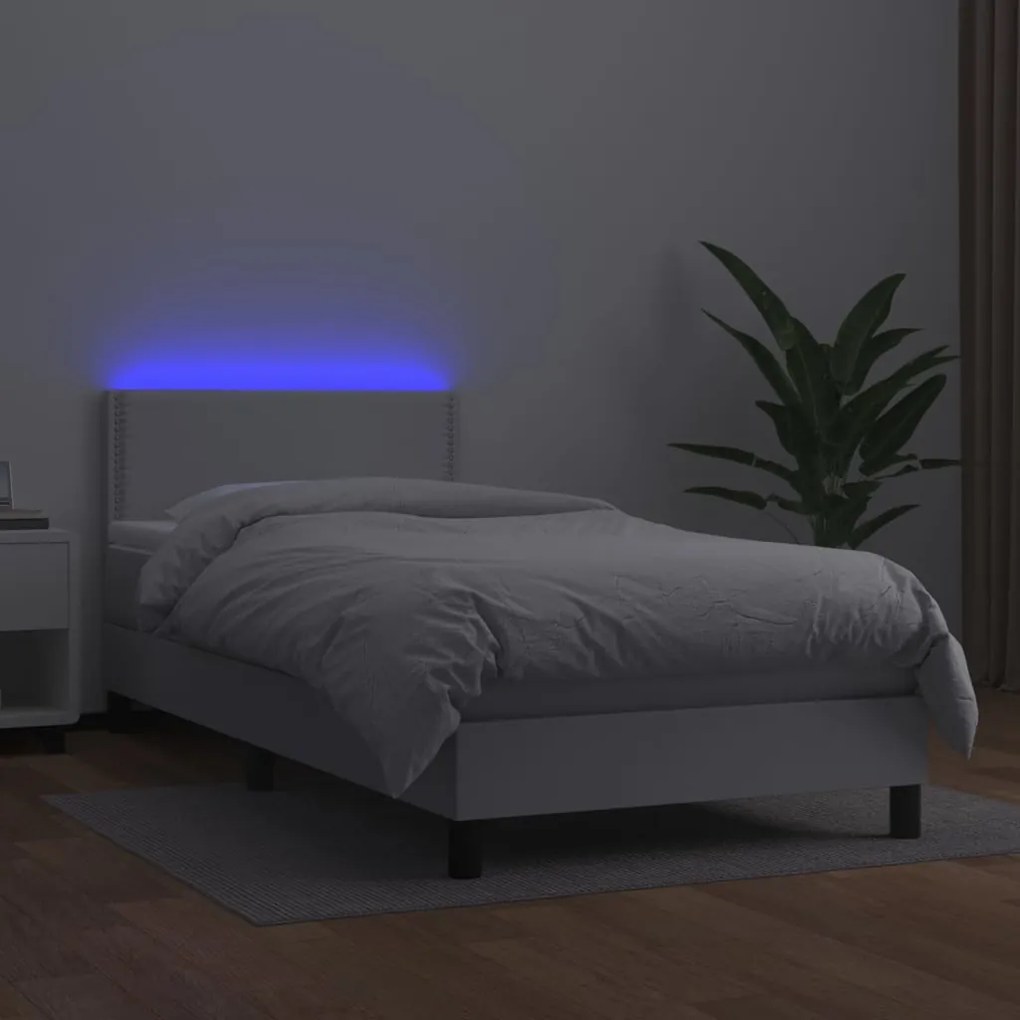 Cama box spring c/ colchão/LED 90x200cm couro artificial branco