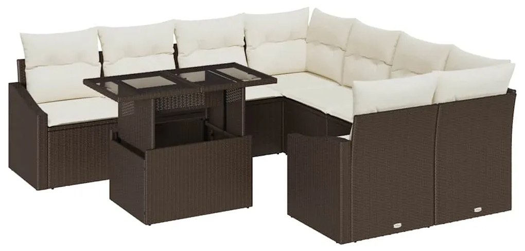 Conjunto de Sofás de Jardim de 9 Peças com Almofadas Marrom em Rattan
