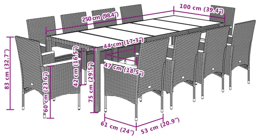 11 pcs conjunto jantar jardim c/ almofadões vime PE/vidro cinza