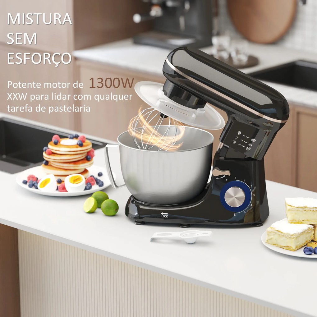 Batedeira 133W 4,5L com 6 Velocidades Tigela de Aço Inoxidável Ganchos e Proteção Tampa Anti-Respingos 35x22x29 cm Preto