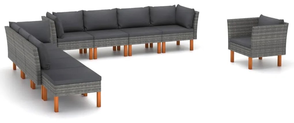 vidaXL 9 pcs conj. lounge jardim vime PE e madeira eucalipto cinzento