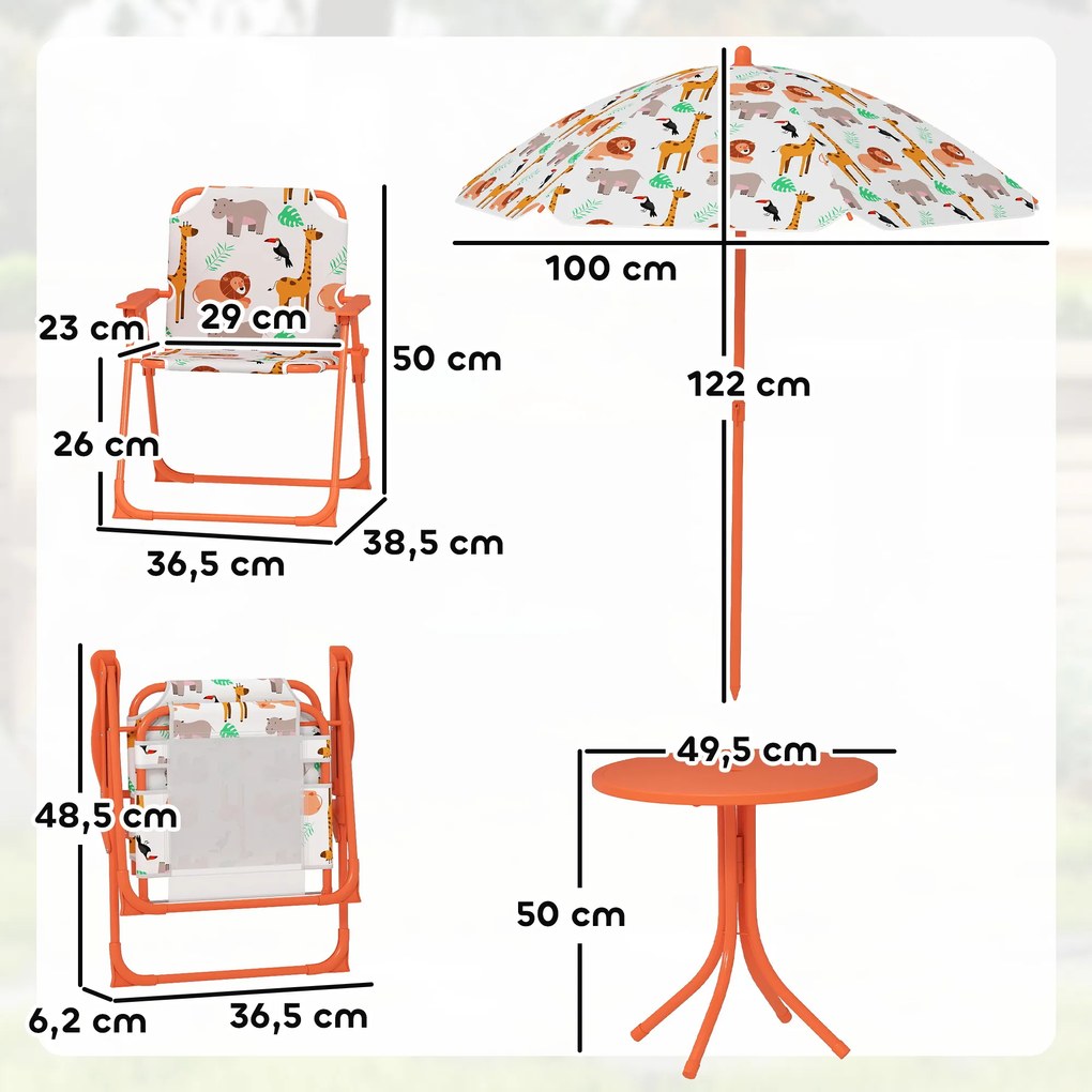 Conjunto de jardim infantil, mesa infantil com 2 cadeiras dobráveis e guarda-sol de Ø 100 cm, com motivos de animais, cor laranja