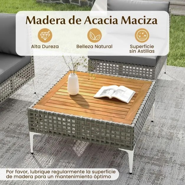 Conjunto de jardim de 7 peças em rattan PE com mesa em madeira de acácia, almofadas removíveis e pés ajustáveis em metal cinzento