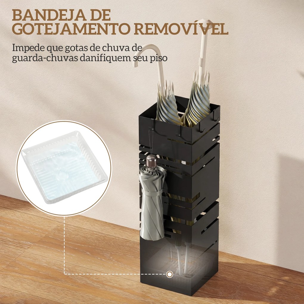 Suporte para Guarda Chuva Metálico com 4 Ganchos e Bandeja de Recolha de Gotas Removível  15,5x15,5x49 cm Preto