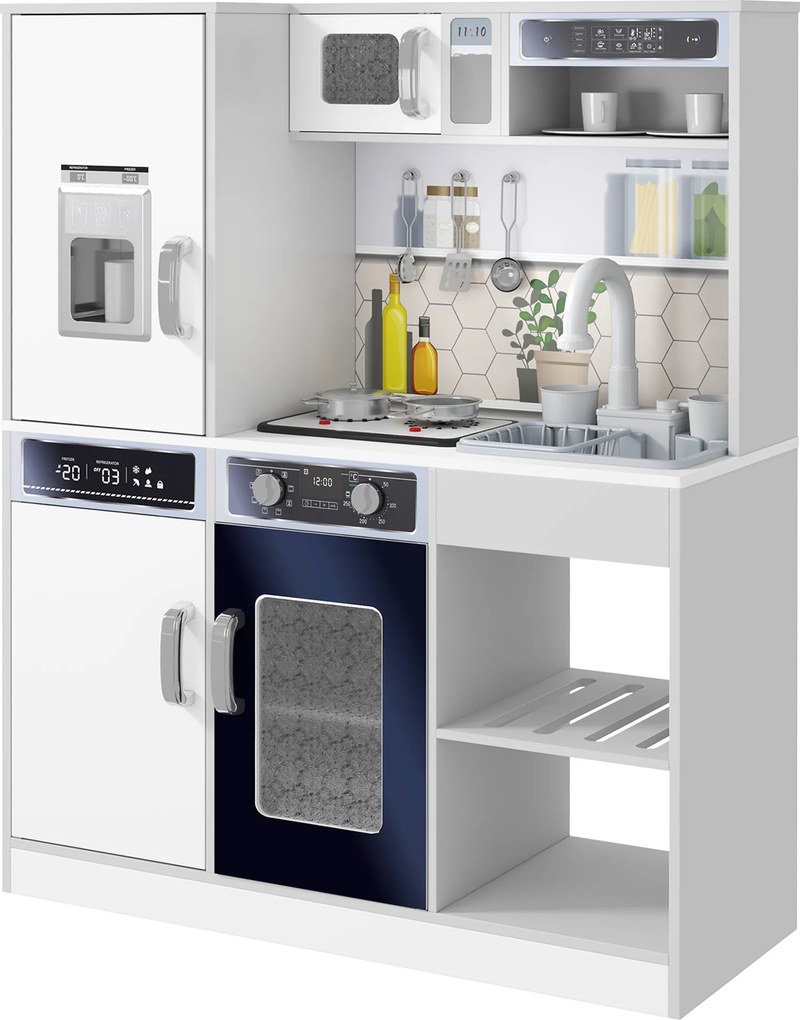 AIYAPLAY Conjunto de cozinha de brinquedo com conjunto de utensílios em aço inoxidável, fogão, pia com sistema de circulação de água, efeitos de luz e som, Branco | Aosom Portugal