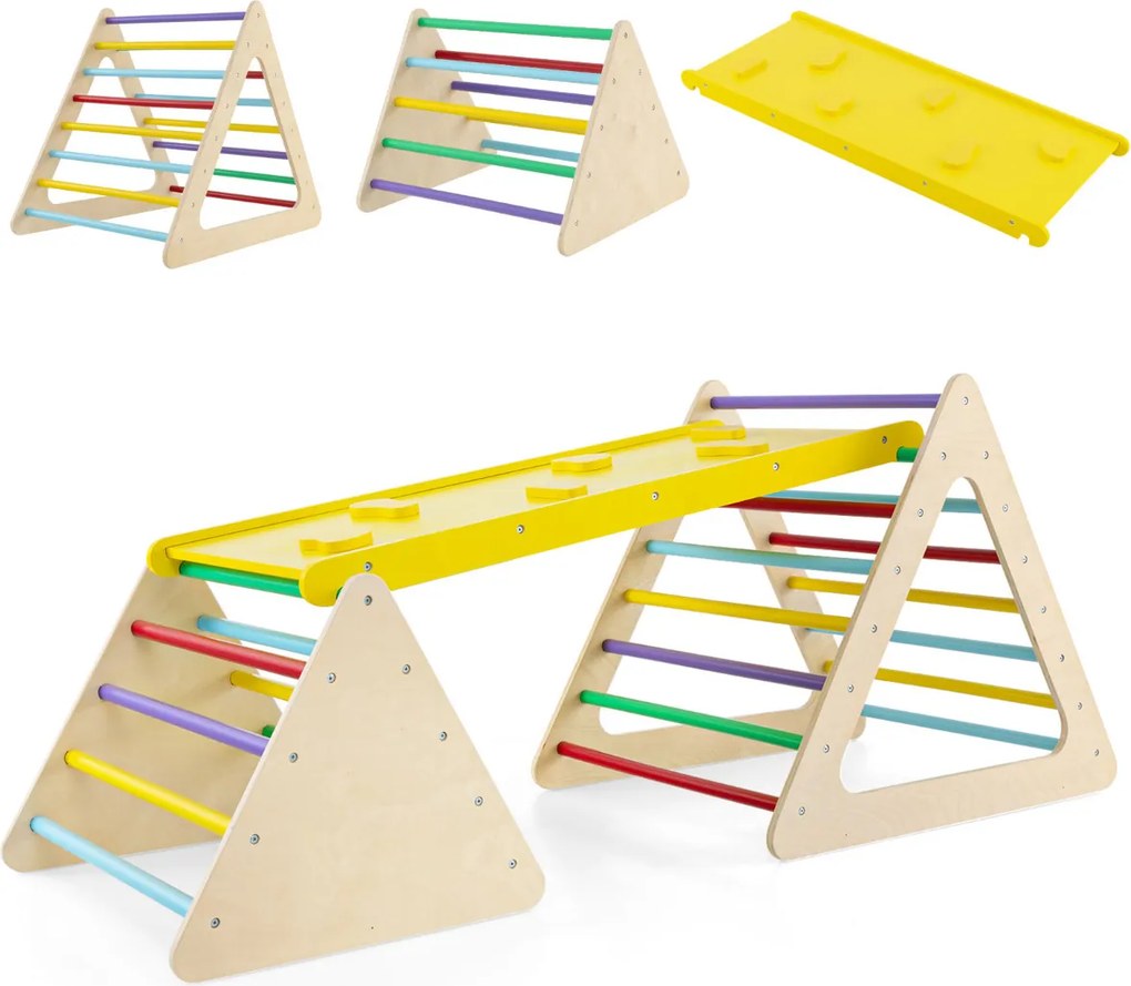 Conjunto de escalada 3 em 1 para crianças 2 escadas triangulares e 1 rampa para deslizar e escalar ponte de madeira multicolorida