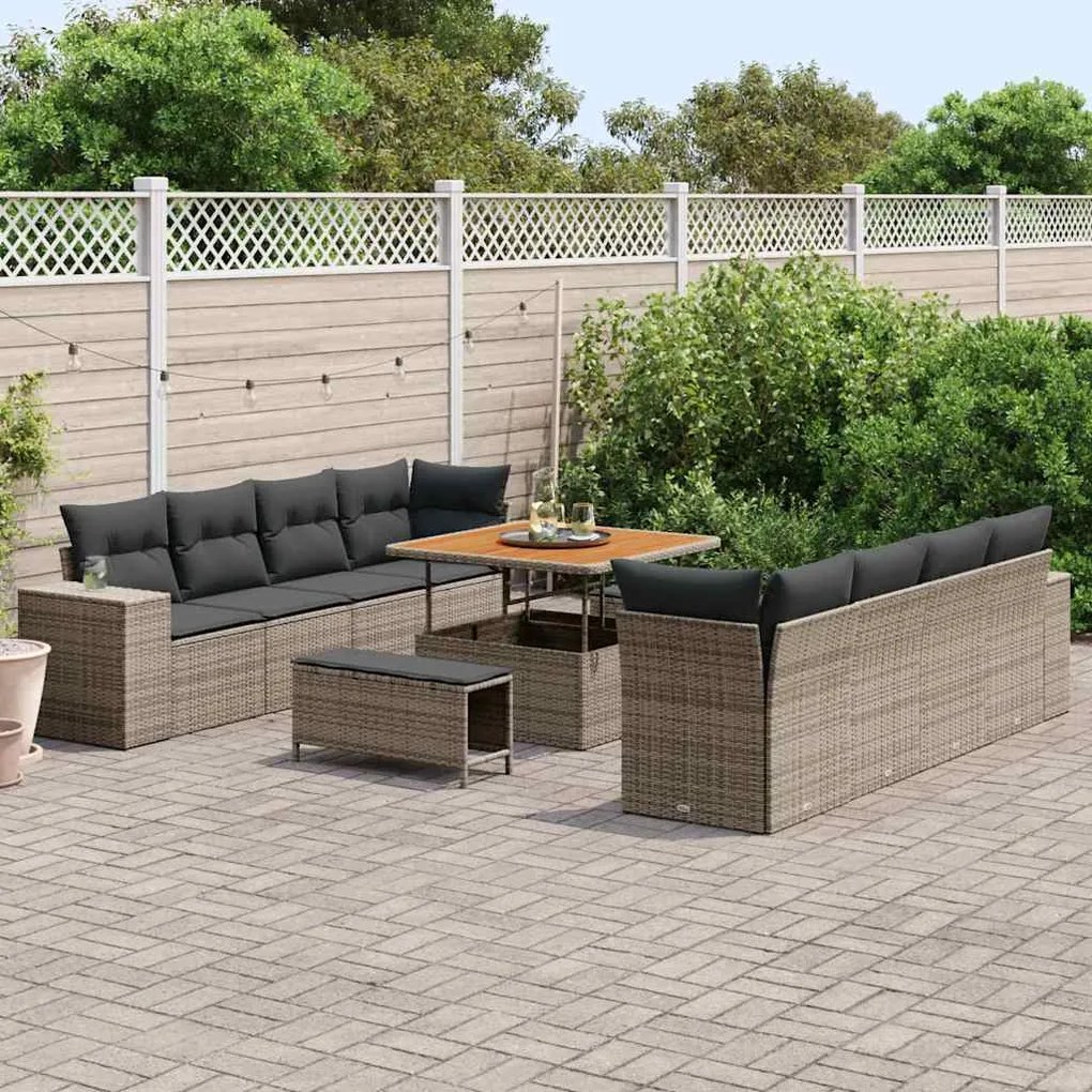 Conjunto de Sofá de Jardim com Almofadas de 11 Peças Cinza Rattan Poli