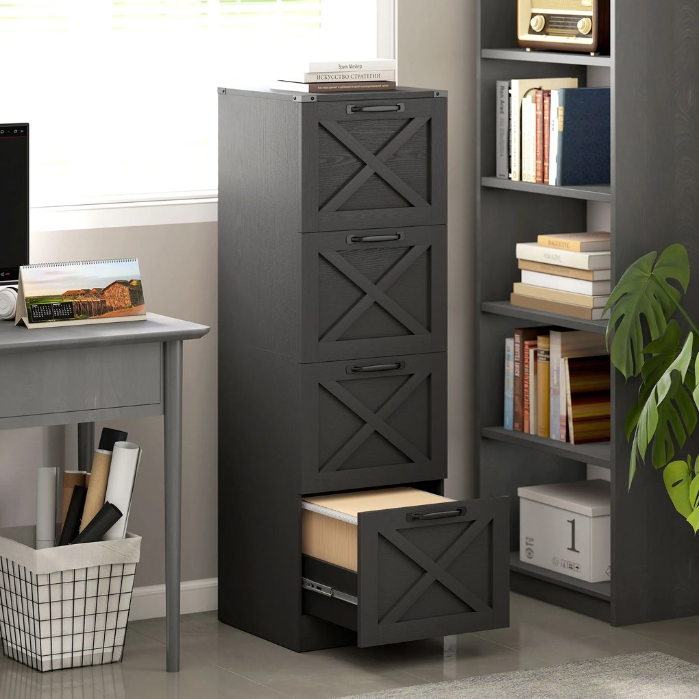Bloco gavetas de Arquivo, 40 x 40 x 131 cm, 4 Gavetas para Dossiers Suspensos, Preto