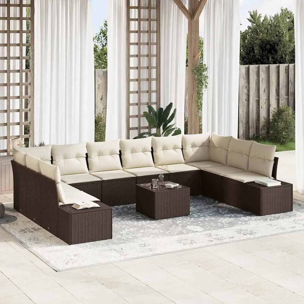 vidaXL Conjunto de Sofá de Jardim 10 pcs Marrom e Creme Polirattan