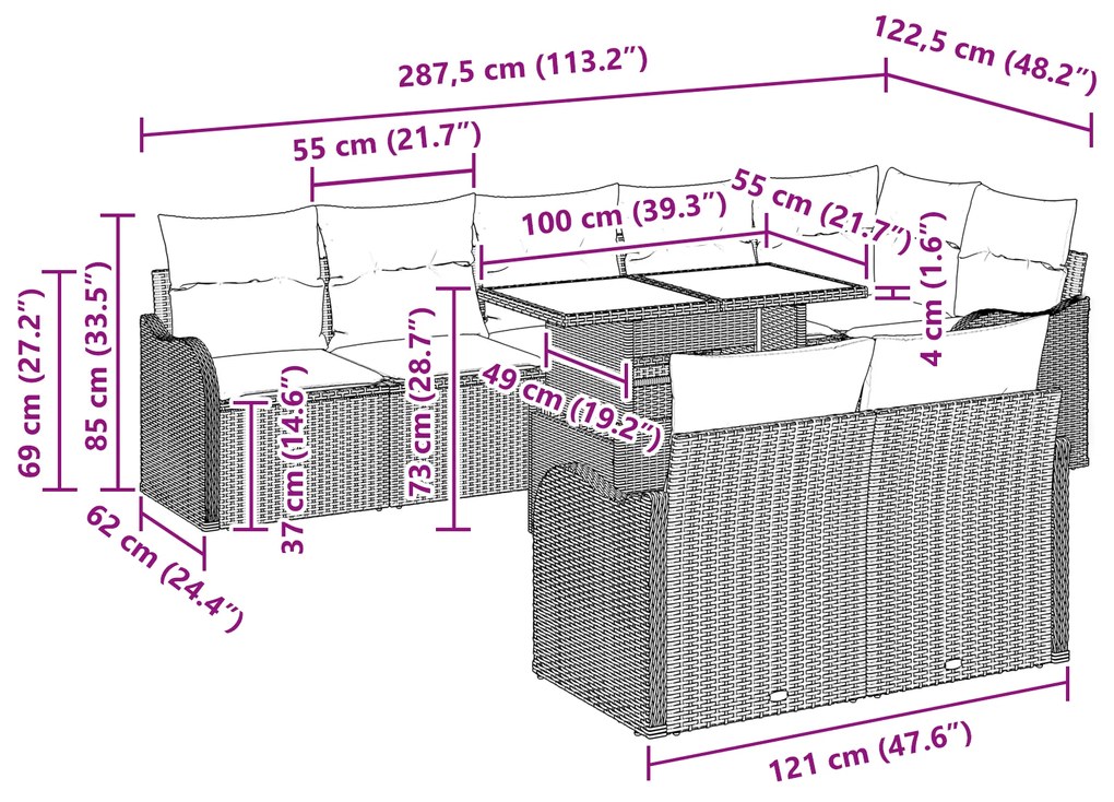 Conjunto de Sofá de Jardim vidaXL com Almofadas Cinza Claro Polyrattan