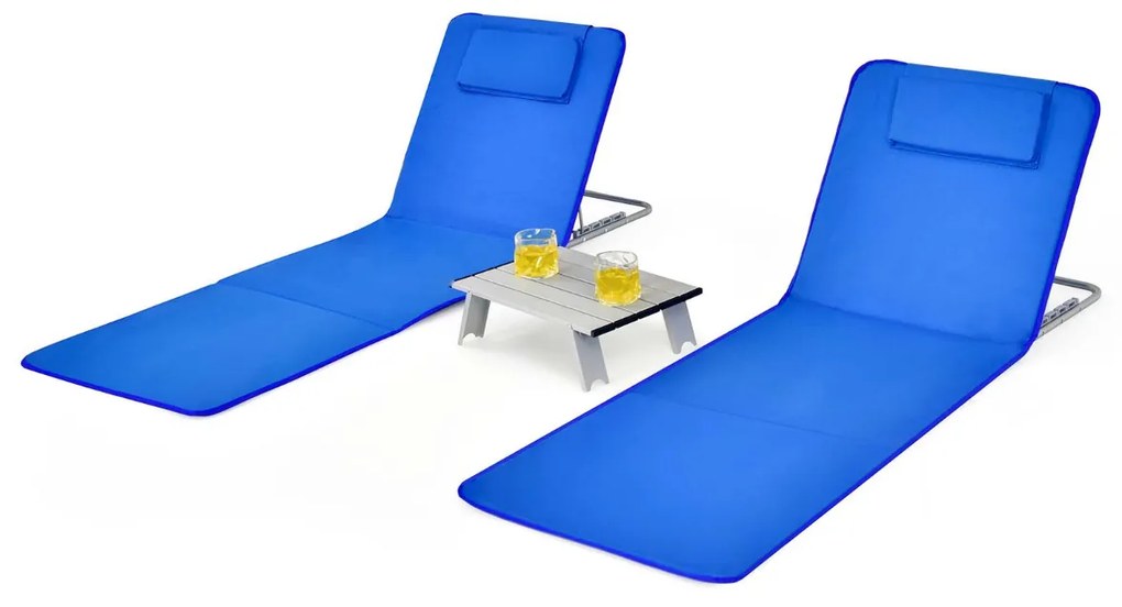 Conjunto de 2 espreguiçadeiras de praia dobráveis Tapetes de praia com mesa portáteis para a praia, jardim, campismo azuis
