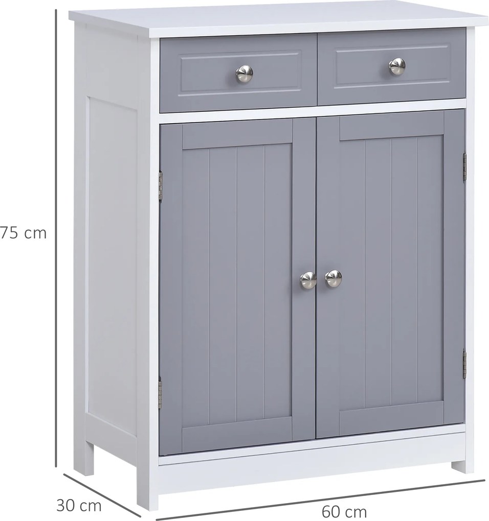 Móvel de casa de banho com 2 gavetas 60 x 30 x 75 cm, armário de duas portas e prateleira ajustável,  cinzento