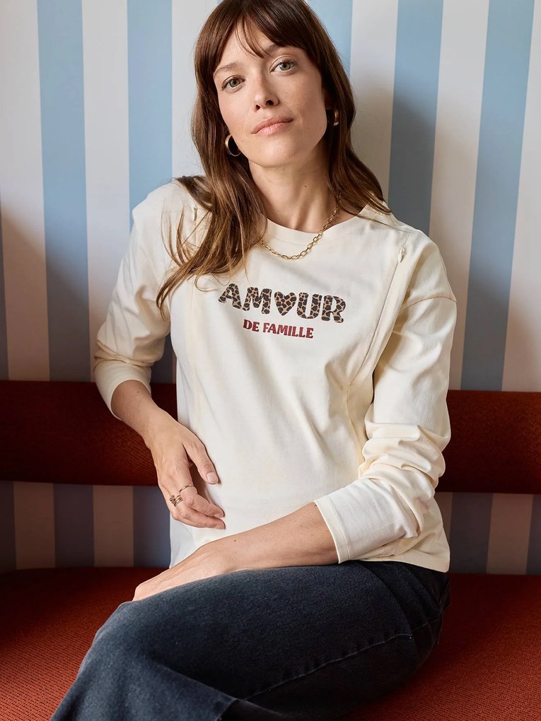 Camisola com estampado amour, de grávida e amamentação cru