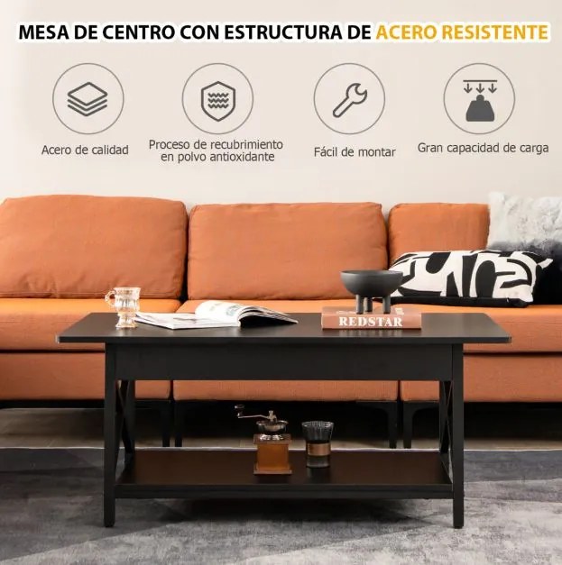 Mesa de centro retangular 110 x 60 x 48 cm industrial de 2 níveis com prateleira de armazenamento e estrutura metálica em forma de X Mesa preta