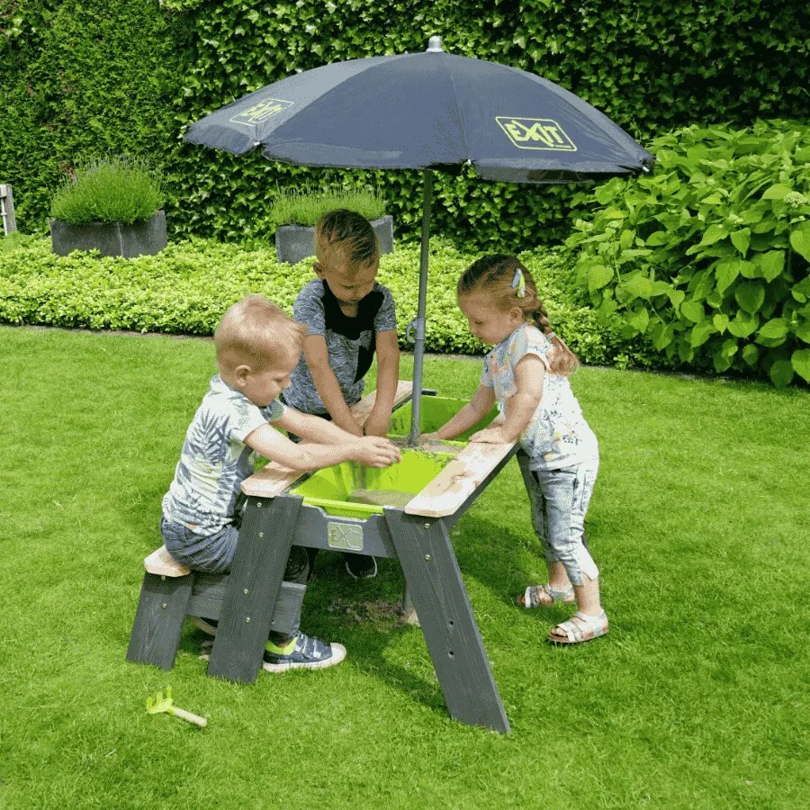 Mesa de piquenique para crianças (1 banco) Aksent com guarda-sol e ferramentas de jardinagem cinzenta