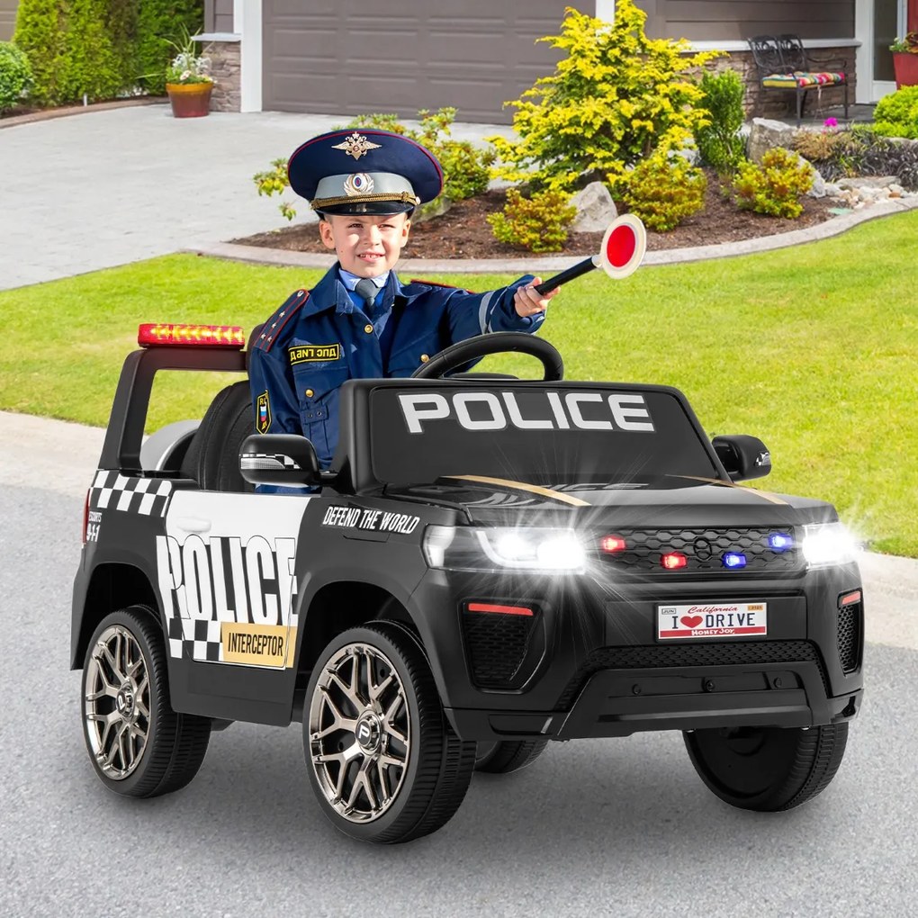 Carro de Polícia Carro Elétrico com Bateria de 12V 7A Controlo Remoto Ligação Sem Fios Música Sirene e Luz LED Intermitente Preto
