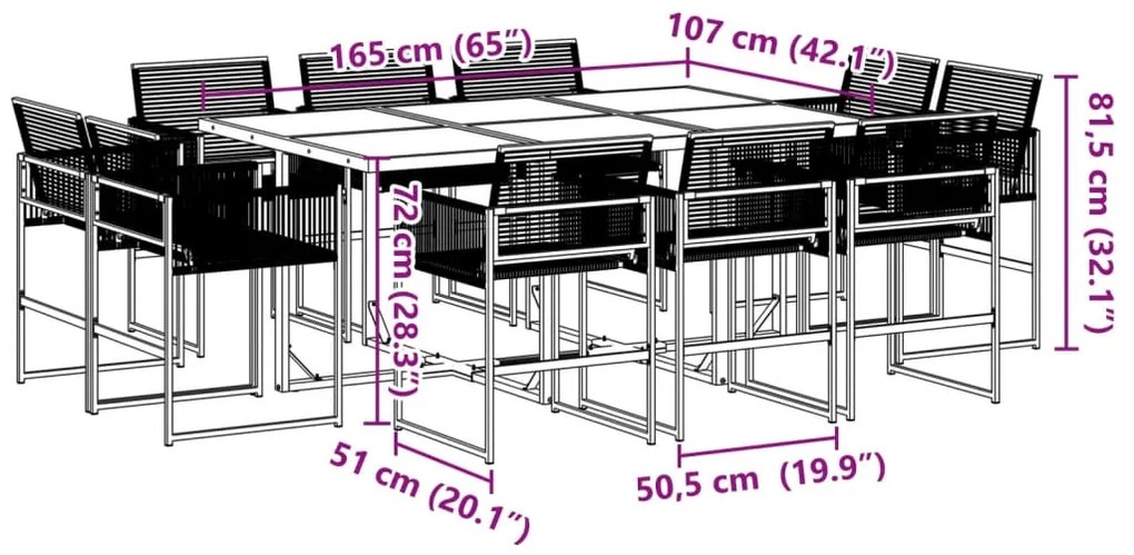 11 pcs conjunto de jantar para jardim vime PE preto