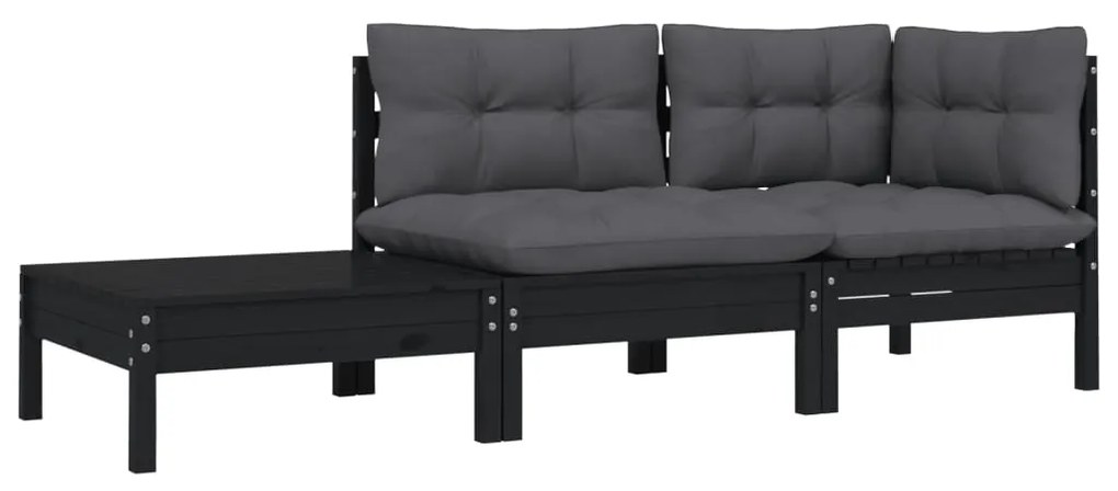 3 pcs conjunto lounge jardim c/ almofadões pinho maciço preto