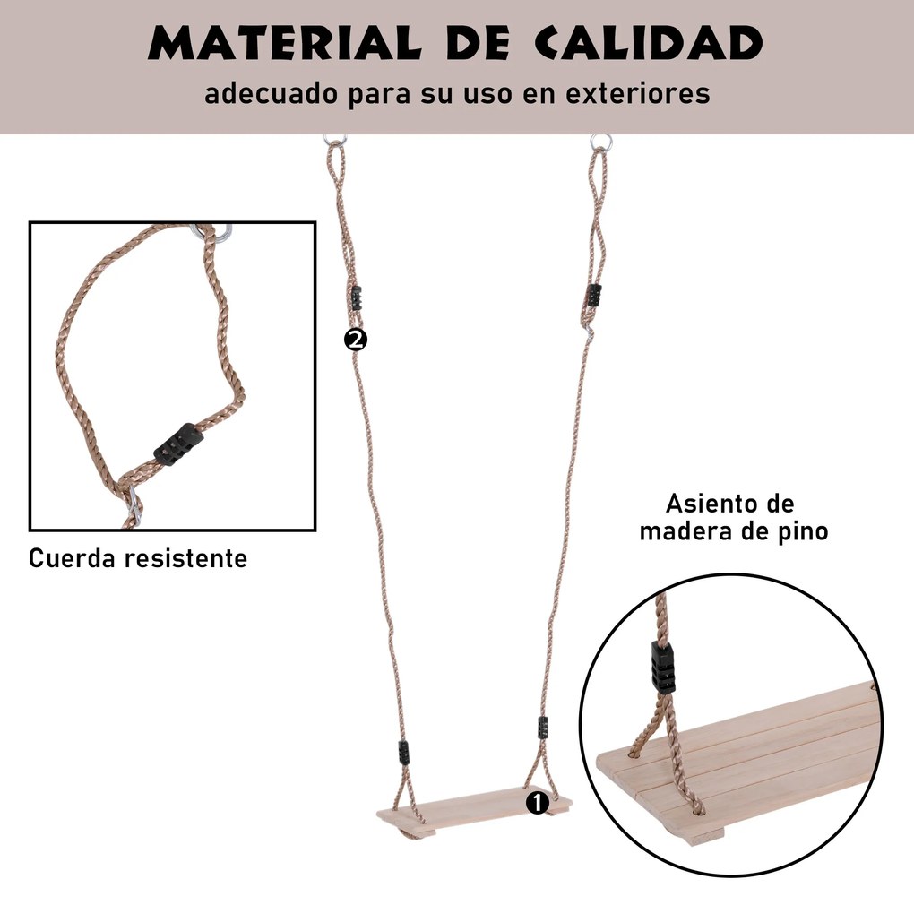HOMCOM Baloiço de Madeira Pino ao Ar Livre com Assento de Madeira para Adultos e Crianças 40x16cm