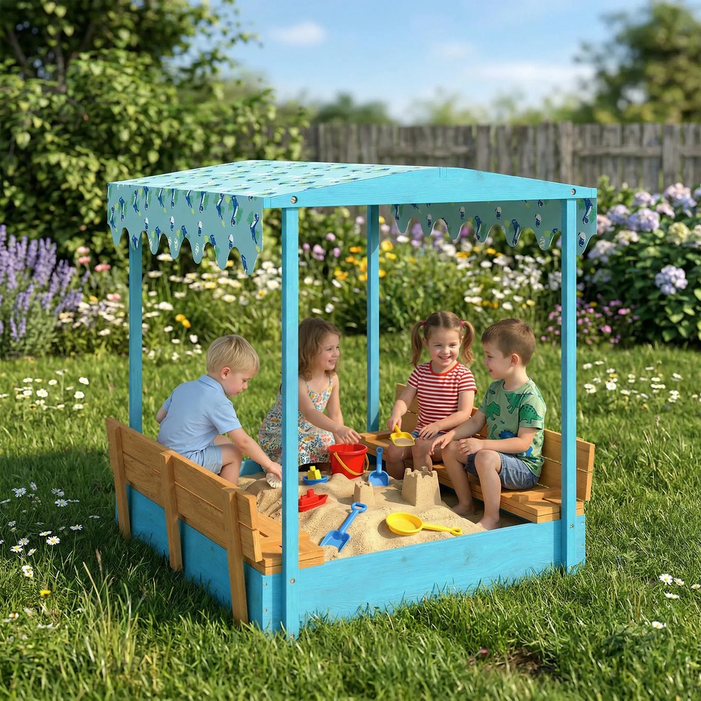 Caixa de areia infantil para crianças em madeira com tampa 134,5 x 127,5 x 130 cm, para exterior com assento dobrável em lona estampada com flamingos