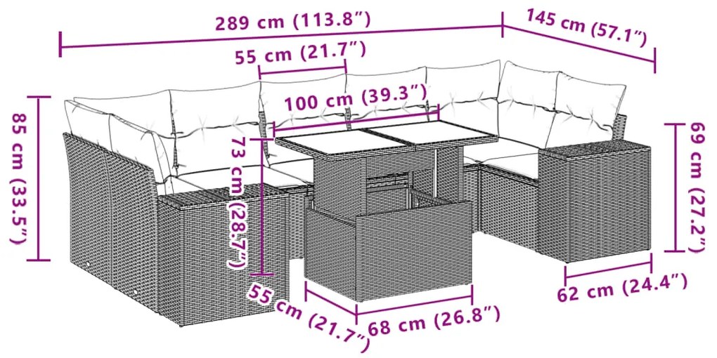 8 pcs conjunto sofás de jardim c/ almofadões vime PE castanho