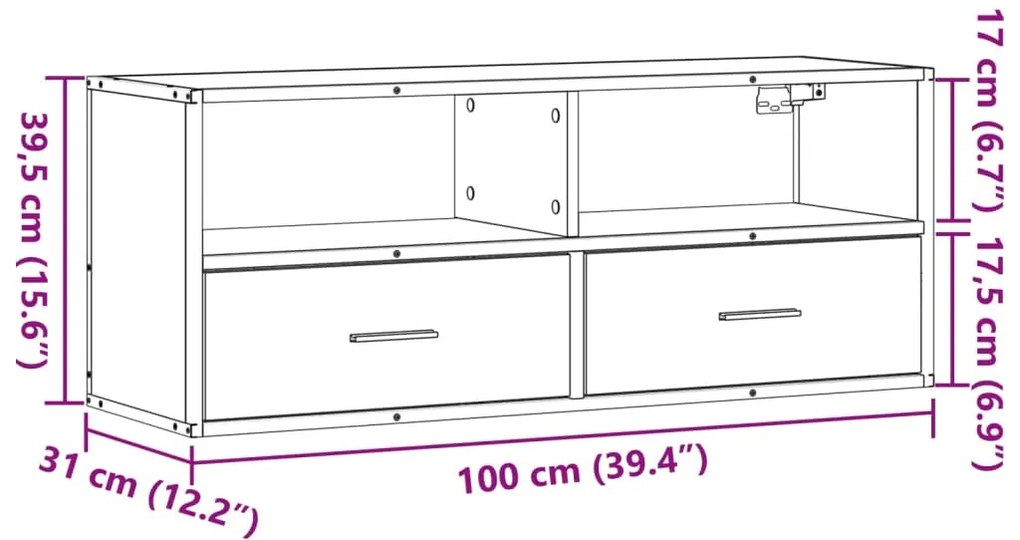 Móvel p/ TV 100x31x39,5 cm deriv. madeira/metal cinzento sonoma
