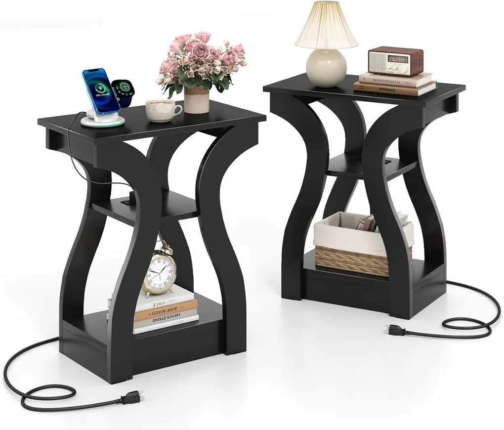 Conjunto de 2 mesas cabeçeira, ou mesas de apoio 50 x 30 x 60,5 cm com estação de carregamento de 3 níveis com prateleiras abertas e portas USB com to