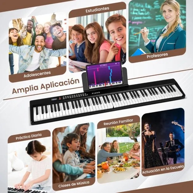 Teclado de piano elétrico dobrável com 88 teclas, tamanho normal, semi-pesado e portátil com MIDI 128 x 23 x 6 cm Preto