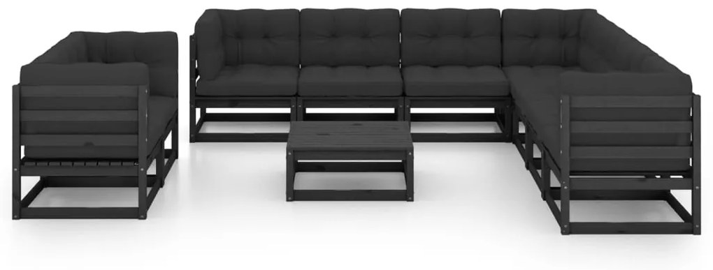 10 pcs conjunto lounge jardim c/ almofadões pinho maciço preto