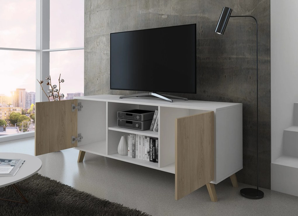 Móvel de TV140 com 2 portas, sala de estar, modelo WIND, estrutura cor Branco, portas cor Puccini, medidas 137x40x57cm de altura.