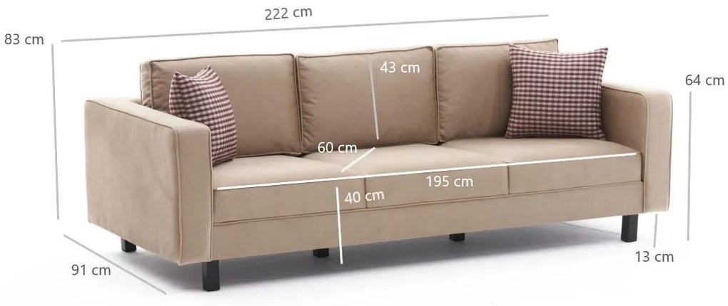 Sofá de 3 Lugares Kale – Creme – 222 cm x 83 cm x 91 cm