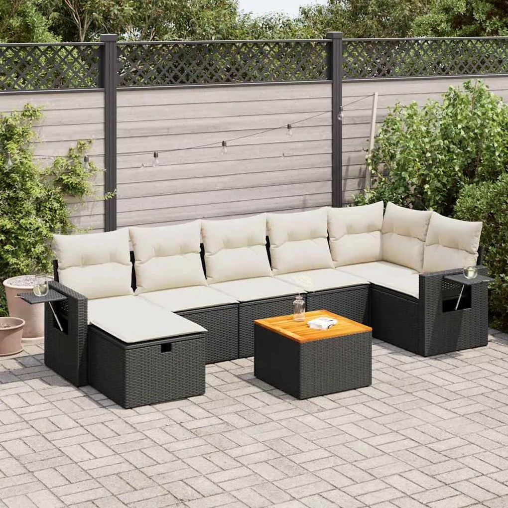 8 pcs conjunto sofás de jardim com almofadões vime PE preto