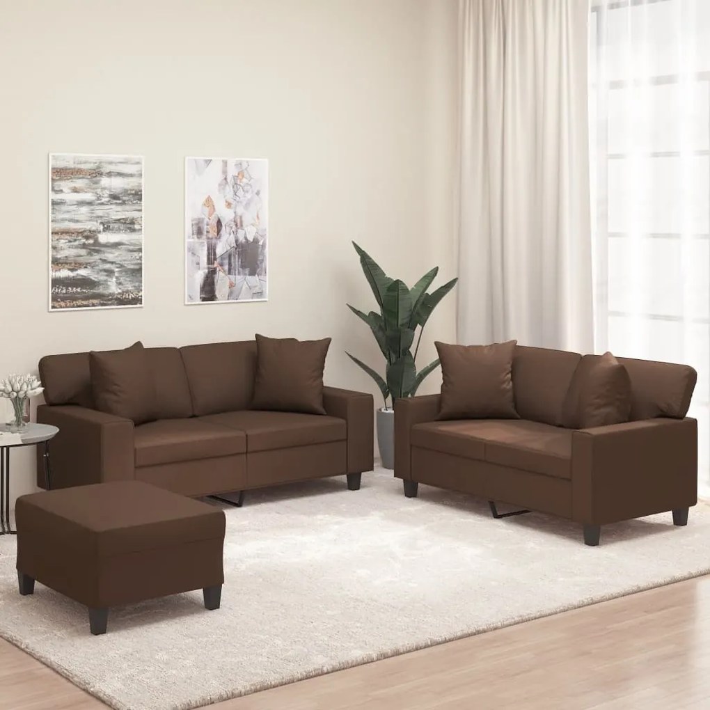 vidaXL 3 pcs conj. sofás c/ almofadas/almofadões couro artif. castanho