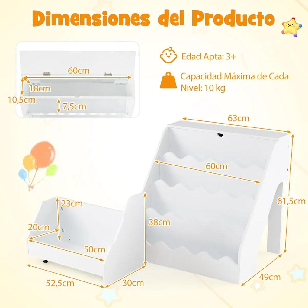 Estante de madeira para crianças 63 x 49 x 61,5 cm  com 4 níveis, prateleiras abertas, gaveta com rodas e caixa com tampa para sala de jogos, cor made