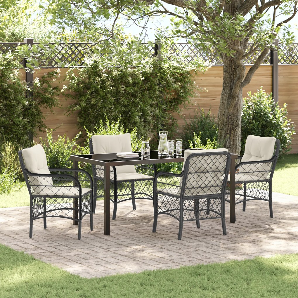 vidaXL Conjunto de Jantar de Jardim de 5 Peças com Almofadas Preto Rattan PE