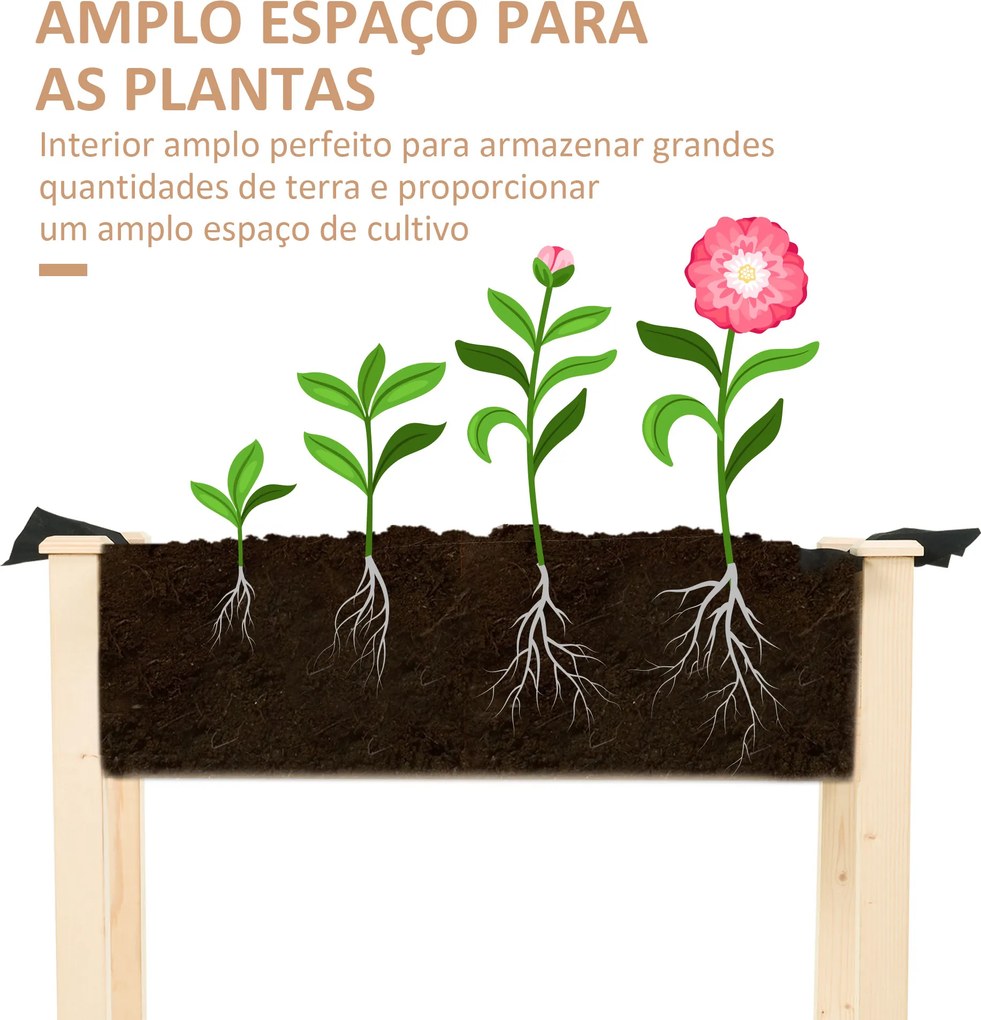 Floreira Elevada de Madeira com Tecido não Tecido e 4 Orifícios de Drenagem para Cultivo 86x46x76cm Madeira