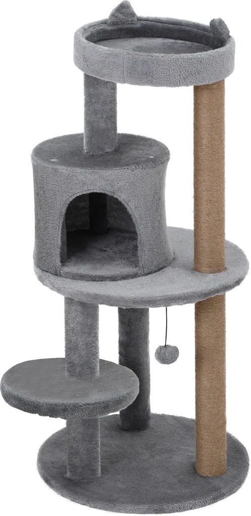 Arranhador para gatos Ø 48 x 104 A cm com vários acessórios: arranhadores, plataformas, compartimentos abertos e bola suspensa cinzento
