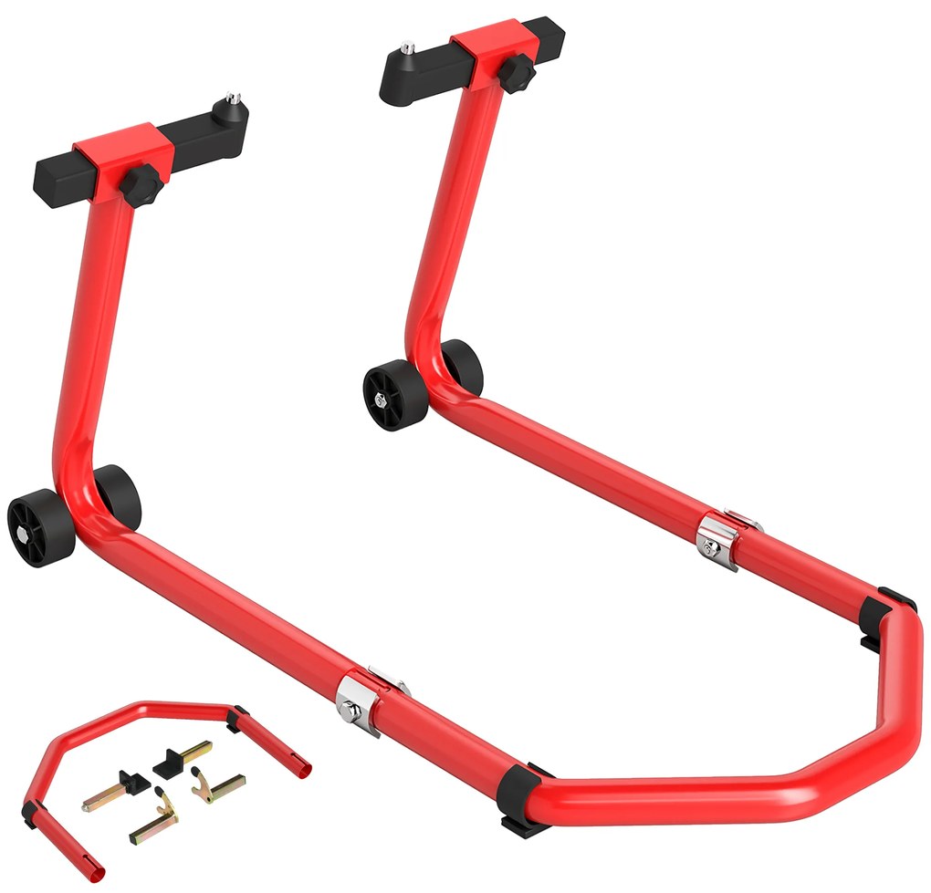 HOMCOM Suporte Roda Dianteira e Traseira para Mota Carga 390 kg Cavalete Moto Elevador Universal com Adaptadores de Garfos em U e L Ajustáveis e Rodas Vermelho | Aosom Portugal