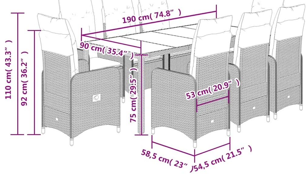 9 pcs conjunto bistrô de jardim c/ almofadões vime PE cinzento