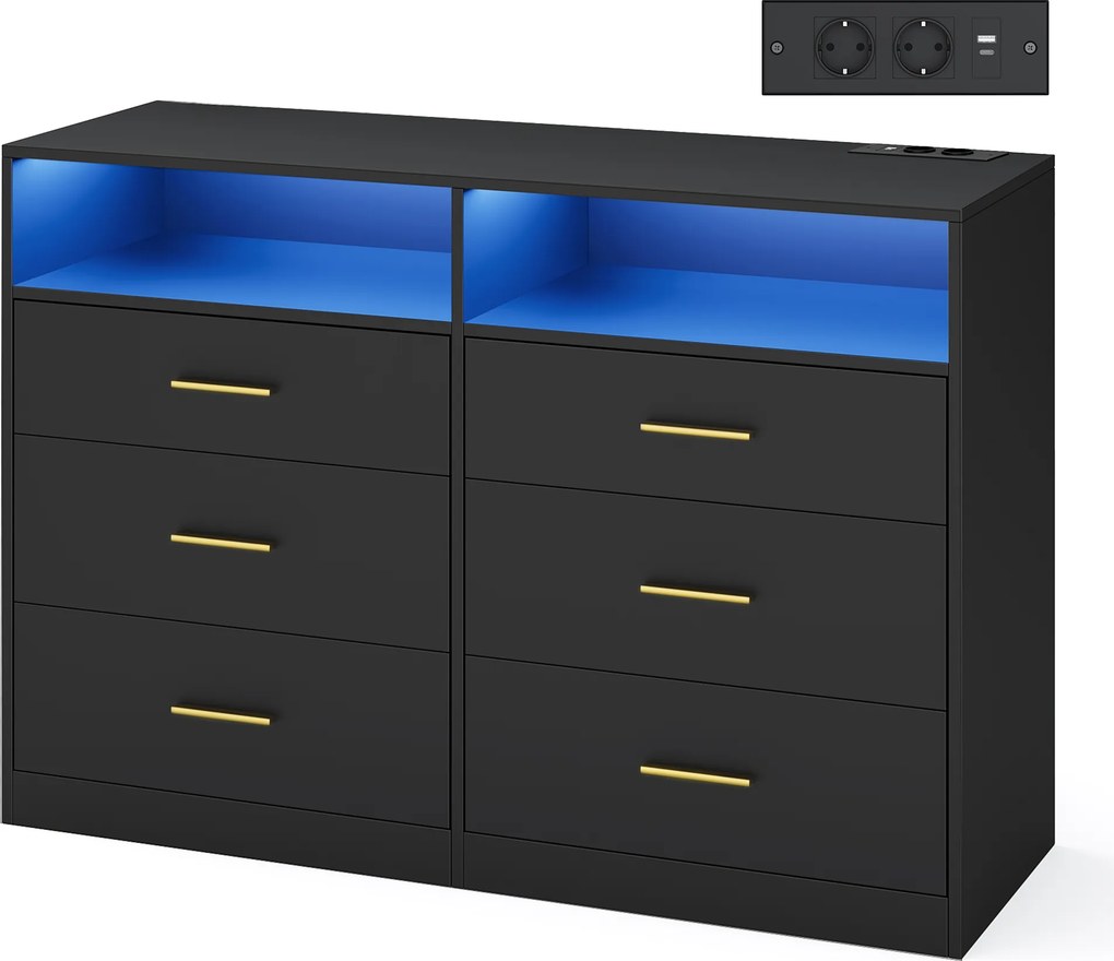 Cómoda com iluminação LED e base de carregamento 40 x 119 x 81,1 cm, 6 gavetas, moderna preta