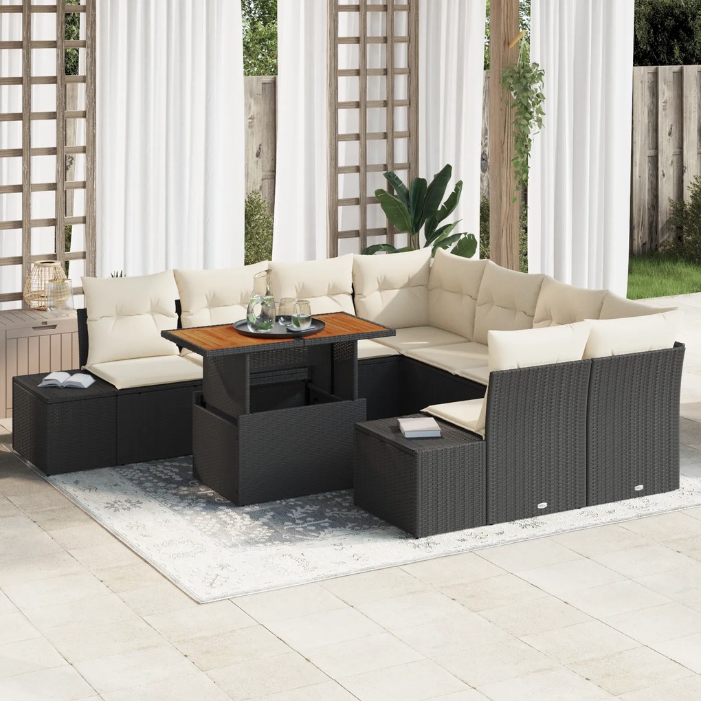 Conjunto de Sofá de Jardim de 9 Peças com Almofadas Pretas em Rattan P