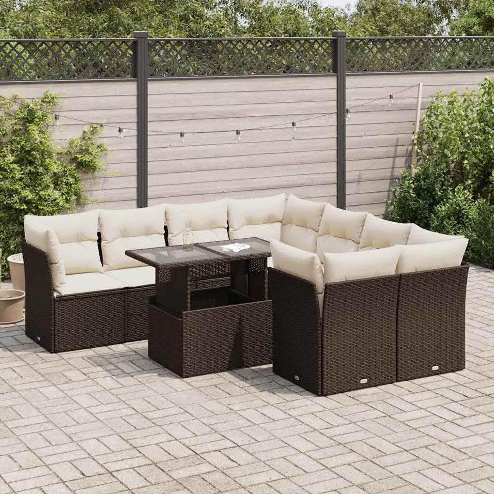 9 pcs conjunto sofás p/ jardim c/ almofadões vime PE castanho